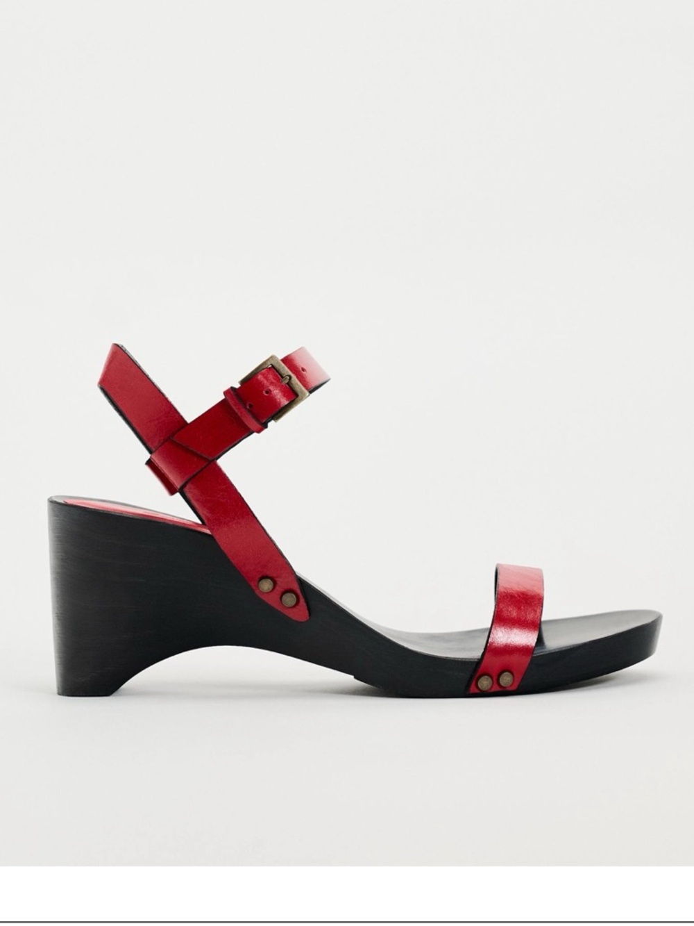 Zara Red Leather Ankle-Strap Wedge Sandals